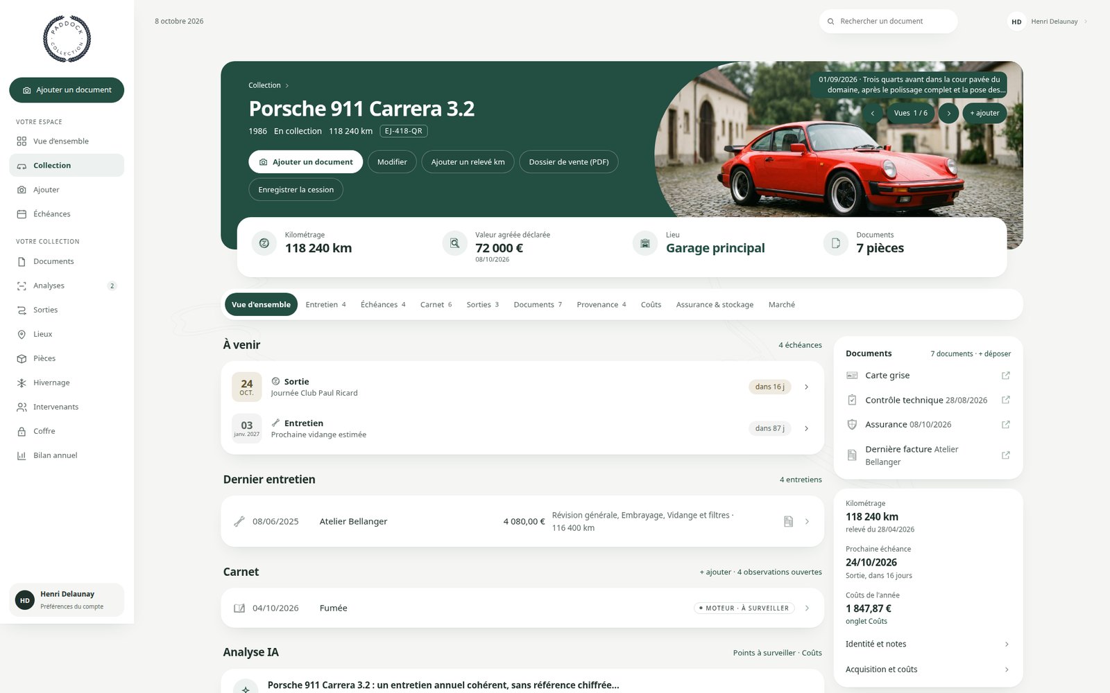 Fiche de la Porsche 911 Carrera 3.2 : documents, carnet, entretiens et kilométrage.